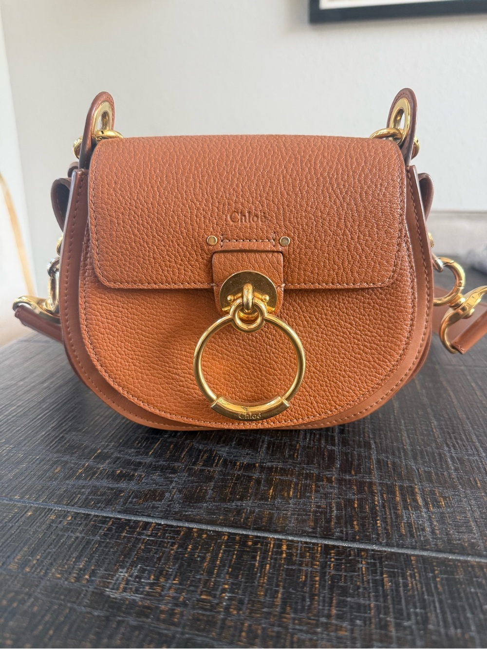 Chloe Tan Leather Tess Small Crossbody with Gold Ring